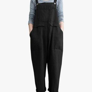Gihuo Women's Baggy Linen Overalls Black sz Medium